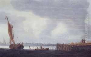 A Smalschip Setting Out From A Harbour At Dawn With Fishermen In A Rowing Boat by Jeronymus Van Diest