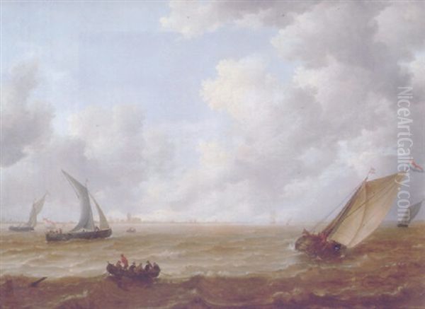 A Wijdschip Tacking Offshore In A Stiff Breeze With A Smalschip And Sailors In A Rowing Boat Nearby, On A Cloudy Day - view 1