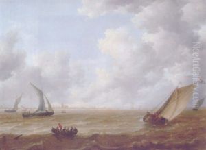 A Wijdschip Tacking Offshore In A Stiff Breeze With A Smalschip And Sailors In A Rowing Boat Nearby, On A Cloudy Day