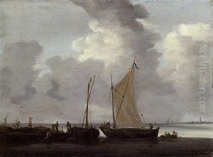 Fishermen Unloading Their Catch In Calm Waters by Jeronymus Van Diest