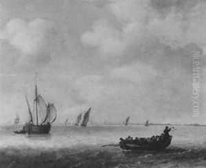 Segelschiffe Und Ein Ruderboot In Kustennahem Gewasser by Jeronymus Van Diest