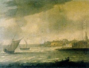 A View Of Flushing From The Schelde With The Windmill De Leugenaer On The Left, The Townhall And The Grote Kerk On The Right