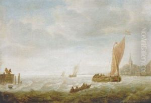 A Wijdschip Before The Wind Approching A Harbour, With A Pink And Other Beyond, Anglers On A Jetty Nearby by Jeronymus Van Diest