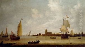 A Dutch Man-of-war, A Staatsyacht And Other Boats At The Mouth Of A River Estuary, Dordrecht Beyond by Jeronymus Van Diest