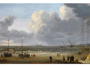 Hollandischer Strand Mit Segelschiffen Und Figurenstaffage by Willem van Diest