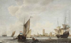 A Smallship, A Merchantman And Other Ships On The Merwede Near Dordrecht