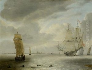 Marine In Leicht Bewegter See, Im Vordergrund Delphine by Willem van Diest
