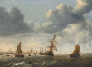 Ships Offshore, A View Of Rotterdam Beyond by Willem van Diest