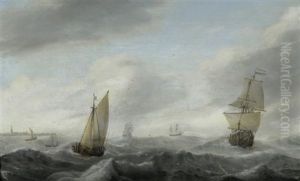 Hollandische Schiffe Vor Der Kuste Einer Stadt Mit Kirchturm