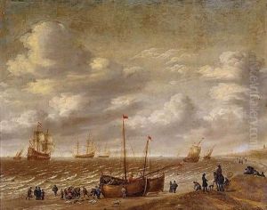 Figures On The Beach With Ships And Fishermen by Willem van Diest