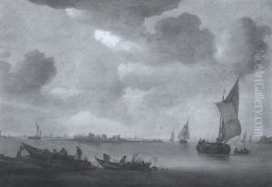 Stille See An Hollandischer Kuste Mit Reicher Schiffs- Und Personenstaffage by Willem van Diest
