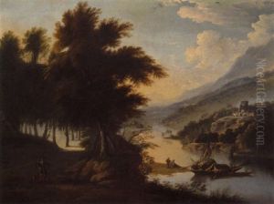 A River Landscape With A Huntsman And His Dog In The Foreground, A River Barge Unloading Its Goods And A Fortified Town Beyond