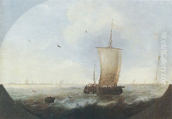 A Smalschip And Other Light Vessels In A Stiff Breeze, A Coastal Town In The Distance - view 1