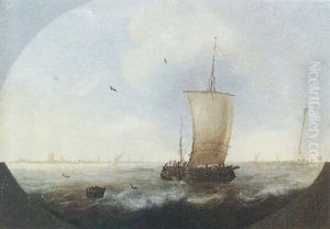 A Smalschip And Other Light Vessels In A Stiff Breeze, A Coastal Town In The Distance by Willem van Diest