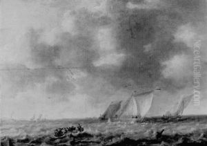 Figures In A Rowing Boat In Choppy Waters With Dutch Pinks Off A Coastline Figures In A Rowing Boat In Choppy Waters With Dutch Pinks Off A Coastline
