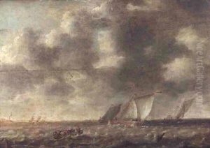 Figures In A Boat In Choppy Waters With Dutch Pinks Off A Coastline by Willem van Diest