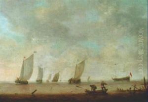 Dutch Shipping In Calm Seas, With Two Men In A Rowing Boat Near A Pier by Willem van Diest