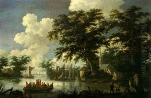 A Ferry On A River, With Fishermen Hauling In Their Nets By A Village A Ferry On A River, With Fishermen Hauling In Their Nets By A Village