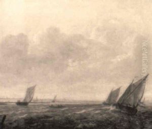 Wijdschips Sailing Close-hauled On A River by Willem van Diest