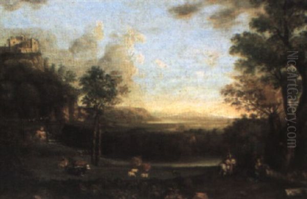 Italianate River Landscape With Herders Resting Beside Their Animals - view 1