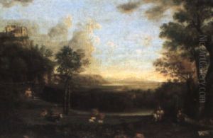 Italianate River Landscape With Herders Resting Beside Their Animals by Willem van Diest