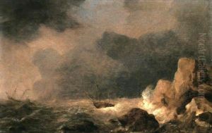 A Ship Floundering Off A Rocky Shore Whilst Another Vessel Labours In Heavy Seas Beyond by Willem van Diest