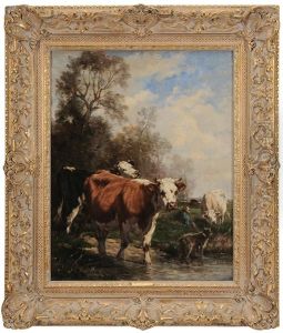 Cows With Shepherd And Dog In Marsh by Marie Dieterle