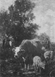 Shepherdess With Cattle And Sheep by Marie Dieterle