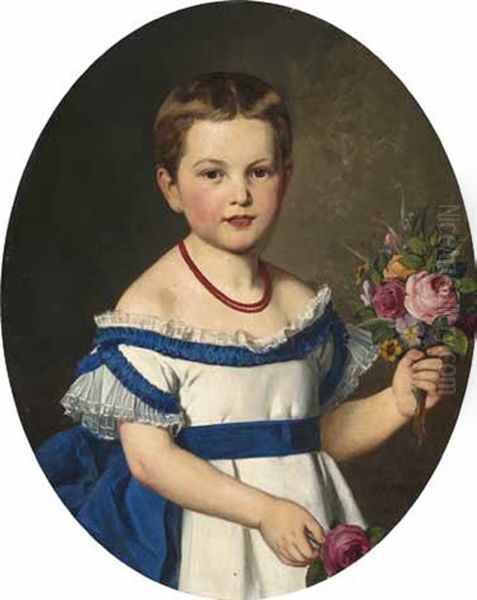 Madchen In Blau-weisem Kleid Mit Einem Blumenstraus In Der Hand - view 1