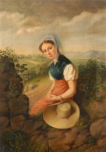 Auf Einer Mauer Sitzende Junge Frau In Tracht by Johann Friedrich Dietler