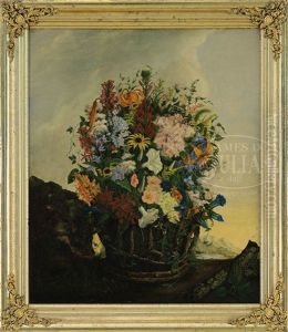 Still Life Of A Basket Of Flowers In A Landscape by Adelheid Dietrich