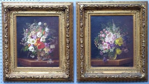 Still-life Of Summer Flowers In Vase (pair) - view 1