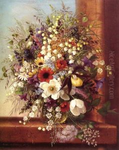 A Still Life With A Bourgogne Orchid, Anemones And Other Flowers In A Pitcher On A Ledge by Adelheid Dietrich