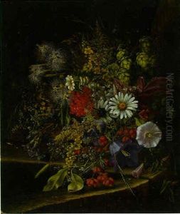 Morning Glory, Daisies, Red Currants And Other Fruits And Flowers On A Ledge