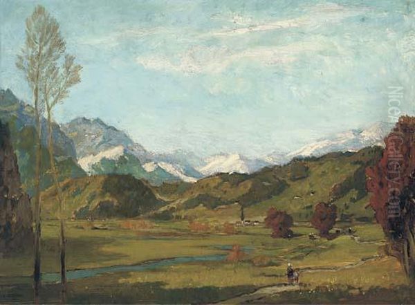 Figures Walking By A Church In An Alpine Landscape - view 1