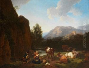 A Mountainous Landscape With Herders And Cattle Resting Before A River by Christian Wilhelm Ernst Dietrich