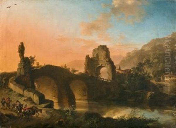 Paysage De Riviere Et De Ruines Anime De Voyageurs - view 1