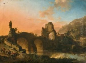 Paysage De Riviere Et De Ruines Anime De Voyageurs by Christian Wilhelm Ernst Dietrich