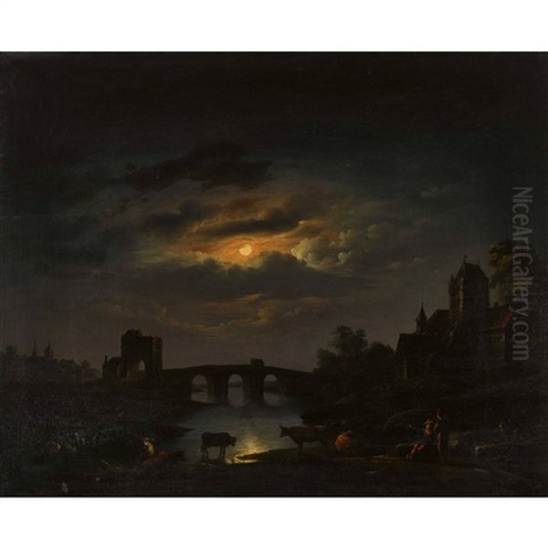 Mondbeschienene Landschaft Mit Steinbrucke - view 1