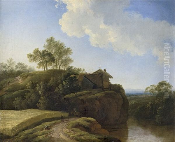 Flusslandschaft Mit Bauerngehoft Auf Einem Felsvorsprung; Hugelige Landschaft Mit Blick In Ein Weites Flusstal (2 Works) - view 1