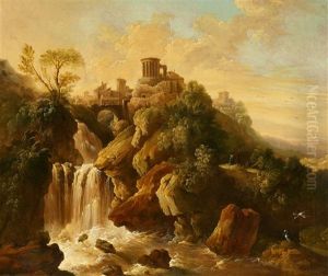 The Waterfalls Of Tivoli With The Temple Of Vesta by Christian Wilhelm Ernst Dietrich