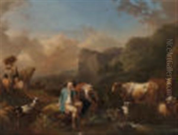 An Italianate Landscape With Figures Resting By A River With Cattle And Goats Watering; An Italianate Landscape With Figures Before A Ruin (a Pair) - view 1