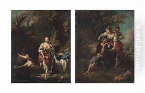 A Wooded River Landscape With Women Bathing; And A Wooded Landscape With Women Teasing A Sleeping Shepherd by Christian Wilhelm Ernst Dietrich