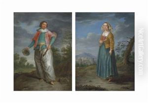 A Musician With A Banjo, Holding A Turban, In A Wooded Landscape; A Gypsy Woman Holding A Fan, In A Landscape, A Town Beyond (pair)