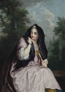 Portrait Of A Lady, Three-quarter-length, In A Pink Dress, And A Black Shawl, A Fan In Her Left Hand, Seated In A Landscape by Christian Wilhelm Ernst Dietrich