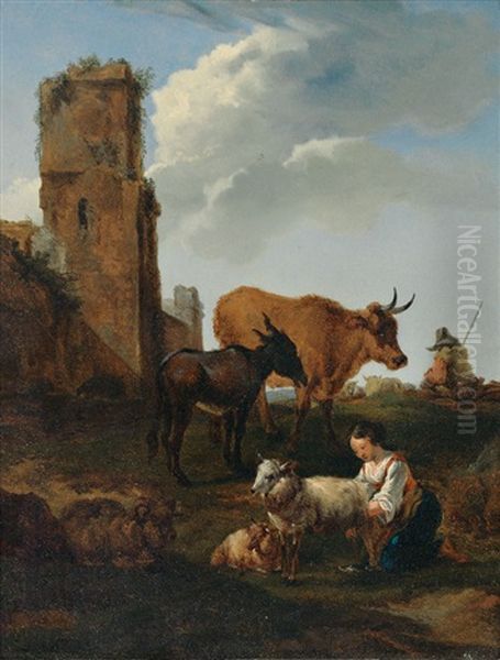 Ziege Melkende Hirtin Sowie Esel Und Ochs, Im Hintergrund Ruine Mit Turm (in The Style Of Nicolaes Berchem) - view 1