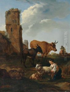Ziege Melkende Hirtin Sowie Esel Und Ochs, Im Hintergrund Ruine Mit Turm (in The Style Of Nicolaes Berchem)