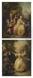 Elegant Company Taking Chocolate In A Garden (+ A Lady Dancing In A Garden; Pair) by Christian Wilhelm Ernst Dietrich