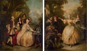Elegant Company Taking Chocolate In A Garden (+ A Lady Dancing In A Garden; Pair) by Christian Wilhelm Ernst Dietrich