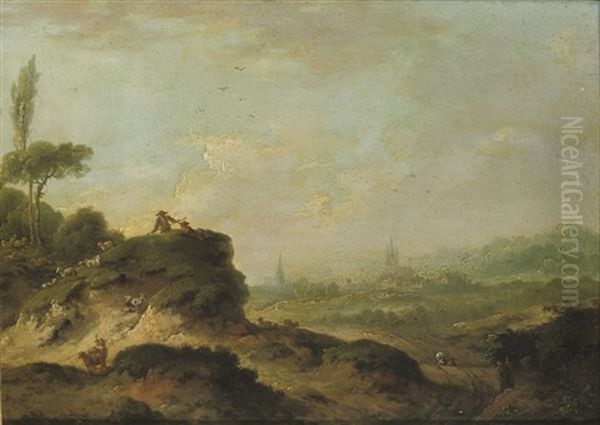 Shepherds Resting With Their Herd In A Landscape, A Town In The Distance - view 1